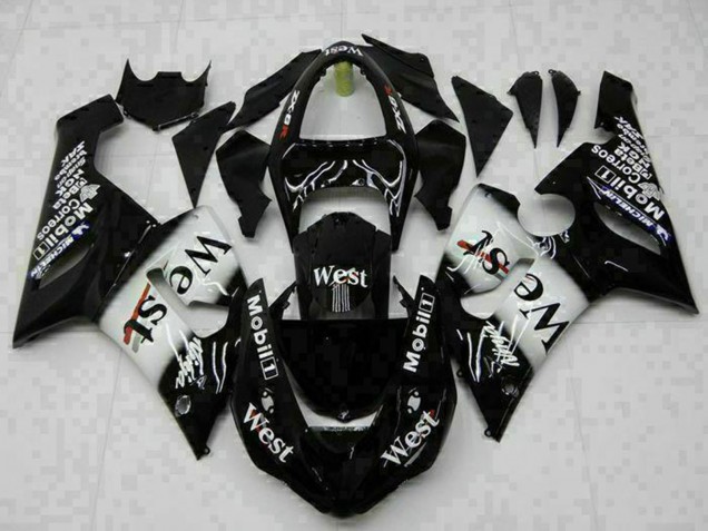 Preisgünstige Kawasaki ZX6R Motorrad Verkleidung 2005-2006 - Glanzendes Schwarz Weiss West