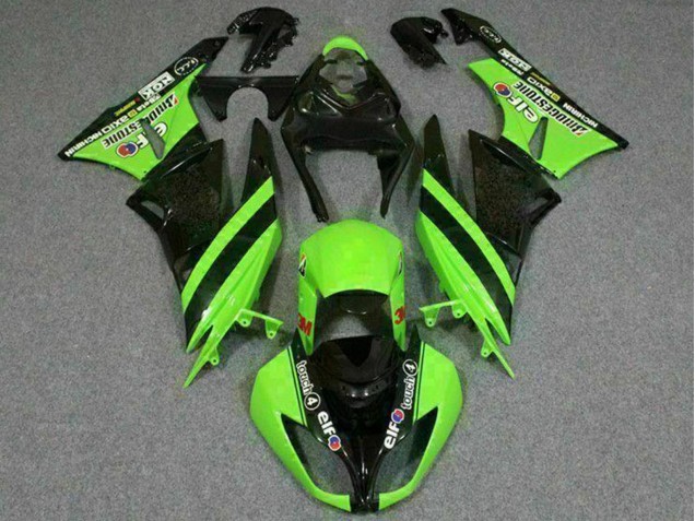 Preisgünstige Kawasaki ZX6R Motorrad Verkleidung 2009-2012 - Grun Glanzendes Schwarz Elf Touch4 Bridgestone