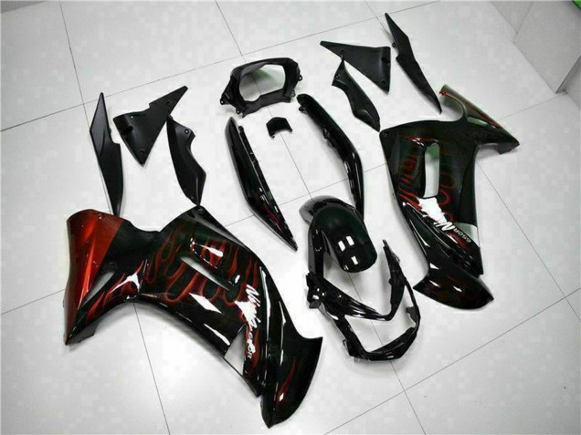 Preisgünstige Kawasaki EX650 Motorrad Verkleidung 2006-2008 - Glanzendes Schwarz Rot Flamme
