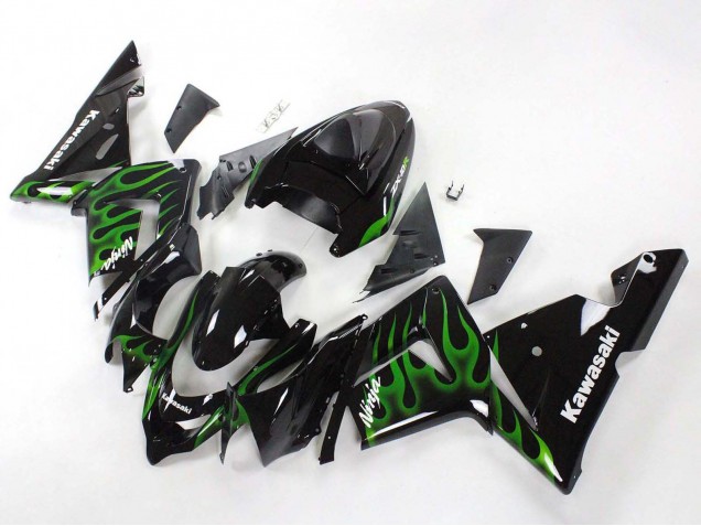 Preisgünstige Kawasaki ZX10R Motorrad Verkleidung 2004-2005 - Schwarz mit Gruner Flamme Ninja