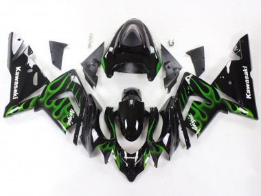 Preisgünstige Kawasaki ZX10R Motorrad Verkleidung 2004-2005 - Schwarz mit Gruner Flamme Ninja