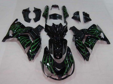 Preisgünstige Kawasaki ZX14R ZZR1400 Motorrad Verkleidung 2006-2011 - Glanzendes Schwarz Grun Flamme