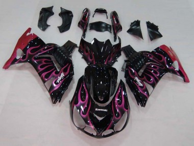 Preisgünstige Kawasaki ZX14R ZZR1400 Motorrad Verkleidung 2006-2011 - Glanzendes Schwarz Rot Rosa Flamme