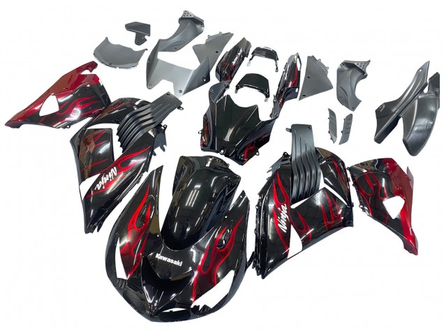 Preisgünstige Kawasaki ZX14R ZZR1400 Motorrad Verkleidung Kit 2006-2011 - Glanzendes Schwarz Rot Flamme