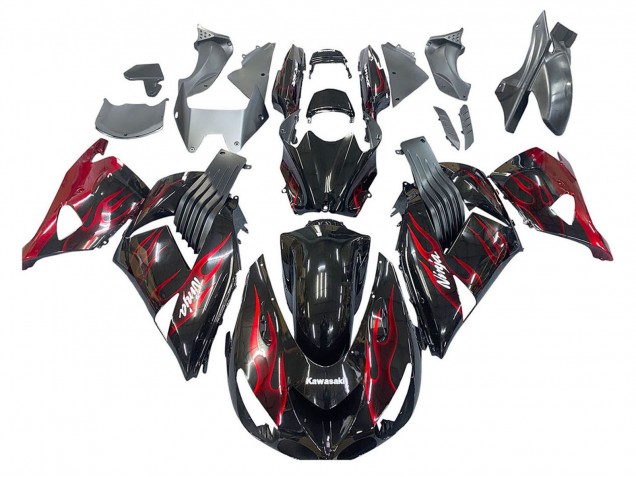 Preisgünstige Kawasaki ZX14R ZZR1400 Motorrad Verkleidung Kit 2006-2011 - Glanzendes Schwarz Rot Flamme