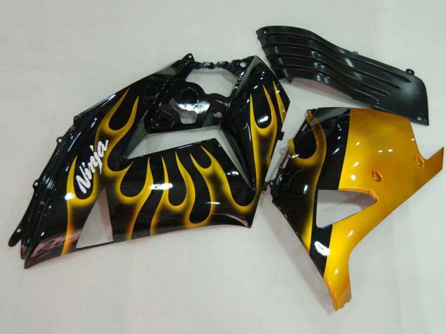 Preisgünstige Kawasaki ZX14R ZZR1400 Motorrad Verkleidung 2006-2011 - Glanzendes Schwarz Gold Flamme