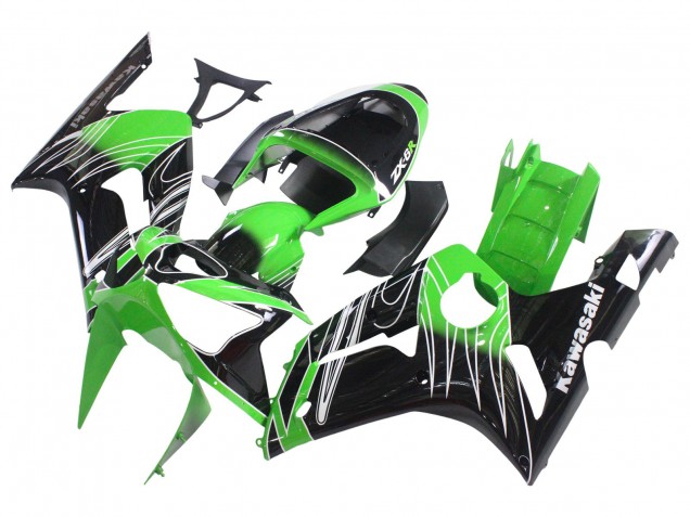 Preisgünstige Kawasaki ZX6R Motorrad Verkleidung 2003-2004 - Grun Weiss Schwarz