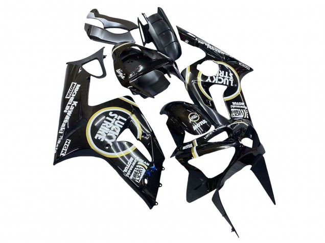 Preisgünstige Kawasaki ZX6R Motorrad Verkleidung 2003-2004 - Glanzendes Schwarz Weiss Motul Lucky Strike