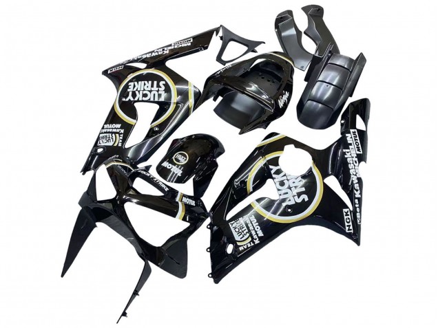 Preisgünstige Kawasaki ZX6R Motorrad Verkleidung 2003-2004 - Glanzendes Schwarz Weiss Motul Lucky Strike