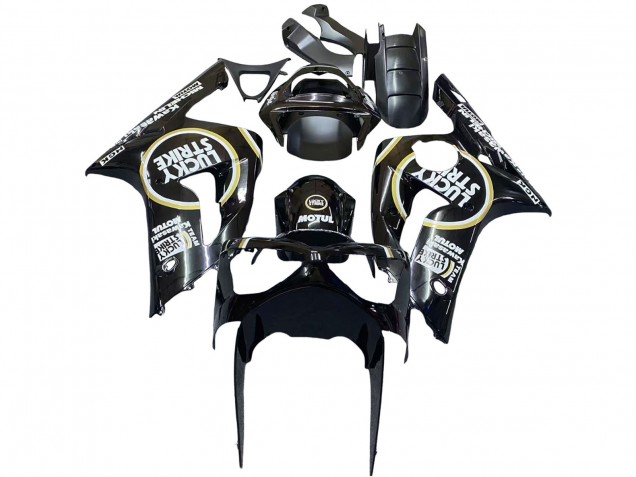 Preisgünstige Kawasaki ZX6R Motorrad Verkleidung 2003-2004 - Glanzendes Schwarz Weiss Motul Lucky Strike