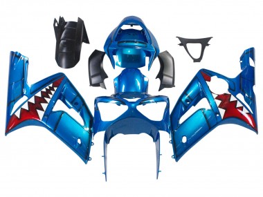 Preisgünstige Kawasaki ZX6R Motorrad Verkleidung 2003-2004 - Blau Weiss Rot Hai