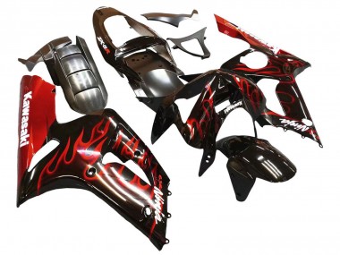 Preisgünstige Kawasaki ZX6R Motorrad Verkleidung 2003-2004 - Glanzendes Schwarz Rot Flamme