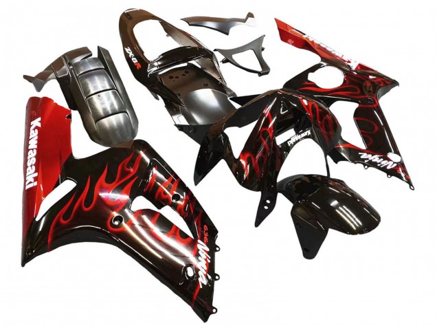 Preisgünstige Kawasaki ZX6R Motorrad Verkleidung 2003-2004 - Glanzendes Schwarz Rot Flamme