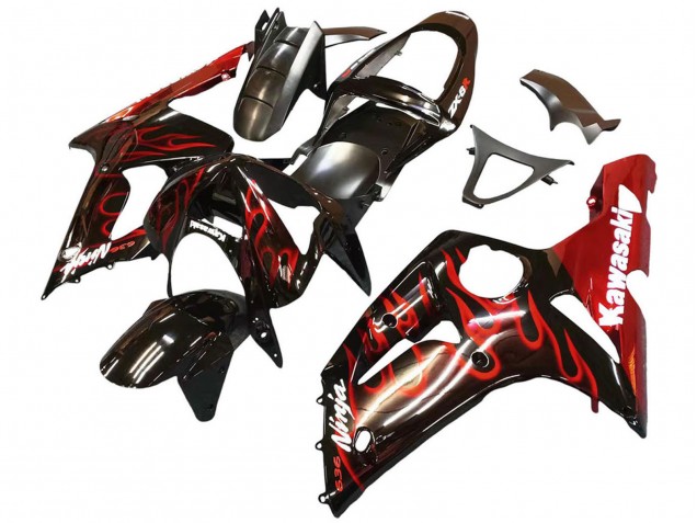Preisgünstige Kawasaki ZX6R Motorrad Verkleidung 2003-2004 - Glanzendes Schwarz Rot Flamme