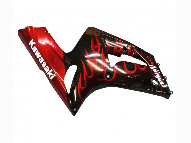 Preisgünstige Kawasaki ZX6R Motorrad Verkleidung 2003-2004 - Glanzendes Schwarz Rot Flamme