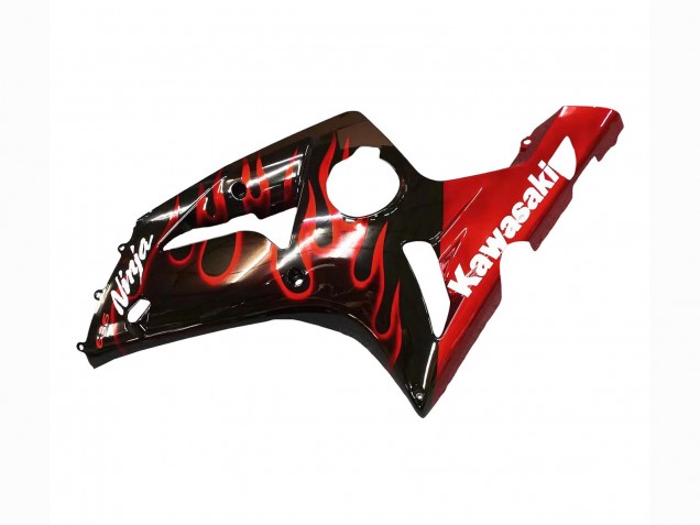 Preisgünstige Kawasaki ZX6R Motorrad Verkleidung 2003-2004 - Glanzendes Schwarz Rot Flamme