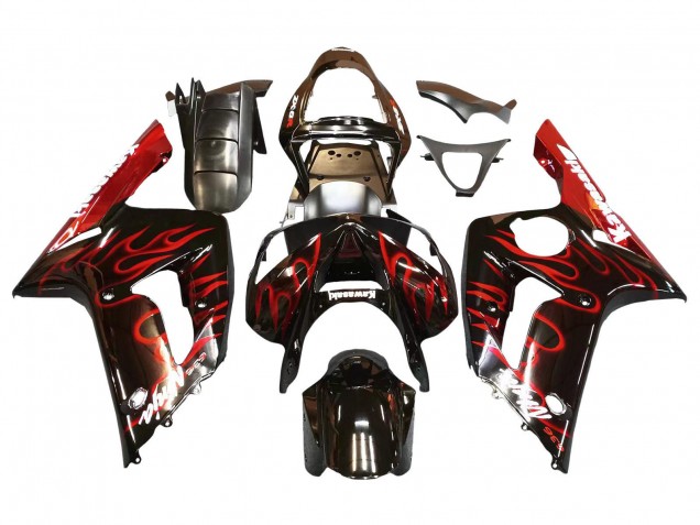 Preisgünstige Kawasaki ZX6R Motorrad Verkleidung 2003-2004 - Glanzendes Schwarz Rot Flamme