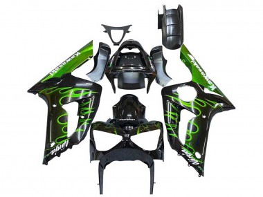 Preisgünstige Kawasaki ZX6R Motorrad Verkleidung 2003-2004 - Glanzendes Schwarz Grun Flamme