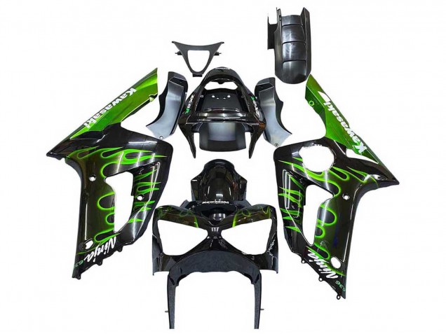 Preisgünstige Kawasaki ZX6R Motorrad Verkleidung 2003-2004 - Glanzendes Schwarz Grun Flamme