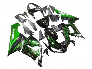 Preisgünstige Kawasaki ZX6R Motorrad Verkleidung 2005-2006 - Glanzendes Schwarz Grun Flamme