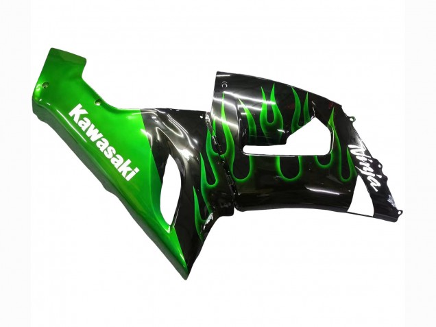 Preisgünstige Kawasaki ZX6R Motorrad Verkleidung 2005-2006 - Glanzendes Schwarz Grun Flamme