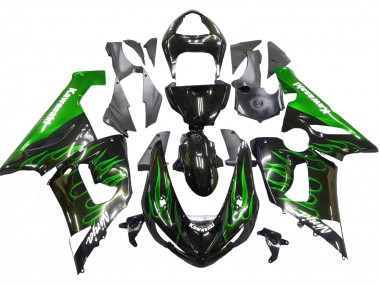Preisgünstige Kawasaki ZX6R Motorrad Verkleidung 2005-2006 - Glanzendes Schwarz Grun Flamme