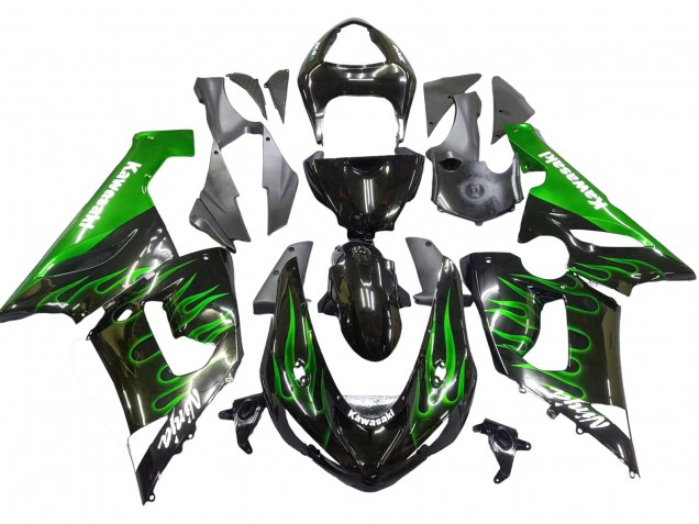 Preisgünstige Kawasaki ZX6R Motorrad Verkleidung 2005-2006 - Glanzendes Schwarz Grun Flamme