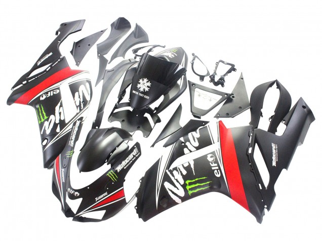 Preisgünstige Kawasaki ZX6R Motorrad Verkleidung 2007-2008 - Schwarz Weiss Rot mit weissem Schnee Aufkleber Ninja Elf