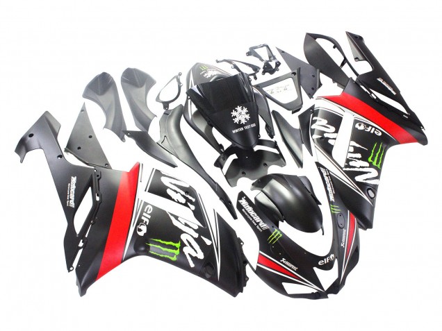 Preisgünstige Kawasaki ZX6R Motorrad Verkleidung 2007-2008 - Schwarz Weiss Rot mit weissem Schnee Aufkleber Ninja Elf