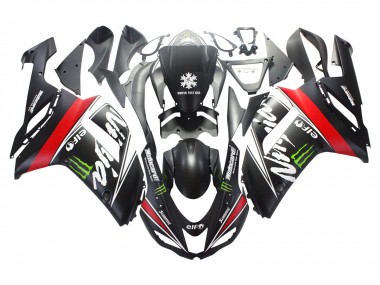 Preisgünstige Kawasaki ZX6R Motorrad Verkleidung 2007-2008 - Schwarz Weiss Rot mit weissem Schnee Aufkleber Ninja Elf
