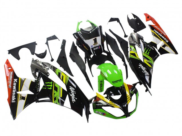 Preisgünstige Kawasaki ZX6R Motorrad Verkleidung 2009-2012 - Grun Glanzendes Schwarz Gelb Weiss Rot Elf Monster