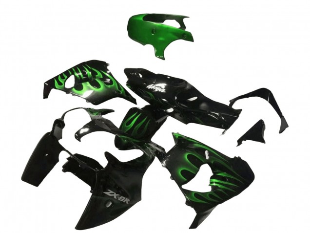 Preisgünstige Kawasaki ZX9R Motorrad Verkleidung 2000-2001 - Glanzendes Schwarz Grun Flamme