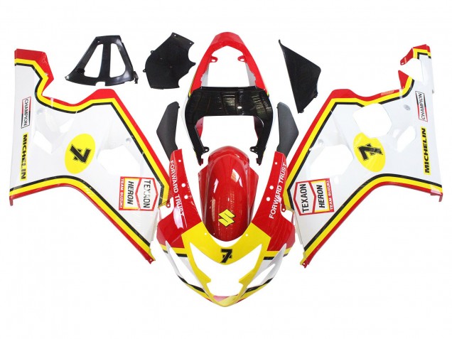 Preisgünstige Suzuki GSXR 600 / GSXR 750 Motorrad Verkleidung 2004-2005 - Weiss Rot Gelb Michelin Texaon Heron 7