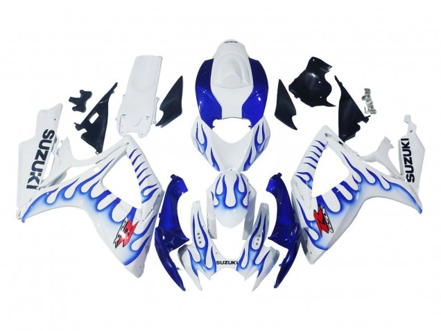 Preisgünstige Suzuki GSXR 600 / GSXR 750 Motorrad Verkleidung 2006-2007 - Weiss Blau Flamme