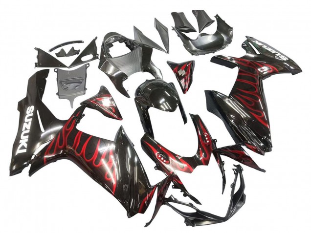 Preisgünstige Suzuki GSXR 600 / GSXR 750 Motorrad Verkleidung 2011-2024 - Glanzendes Schwarz Rot Flamme