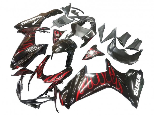 Preisgünstige Suzuki GSXR 600 / GSXR 750 Motorrad Verkleidung 2011-2024 - Glanzendes Schwarz Rot Flamme