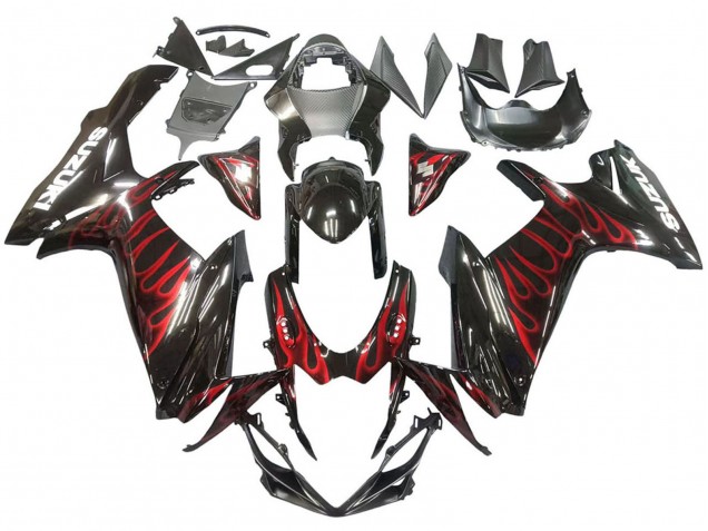 Preisgünstige Suzuki GSXR 600 / GSXR 750 Motorrad Verkleidung 2011-2024 - Glanzendes Schwarz Rot Flamme