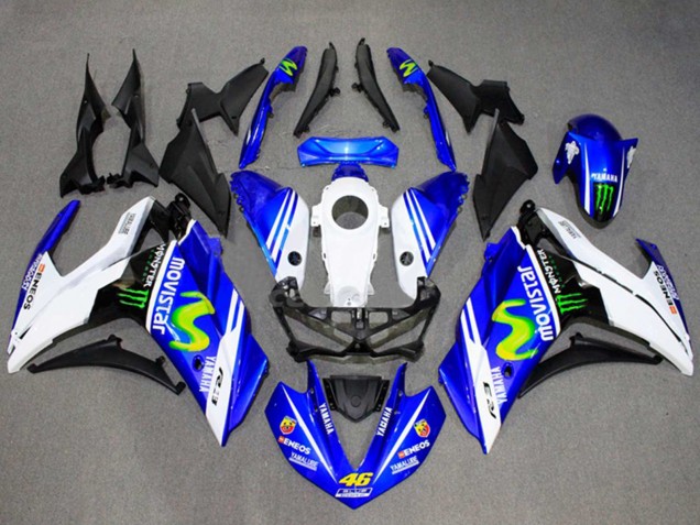 Preisgünstige Yamaha YZF R3/R25 Motorrad Verkleidung 2015-2018 - Weiss Blau Grun MoviStar Monster