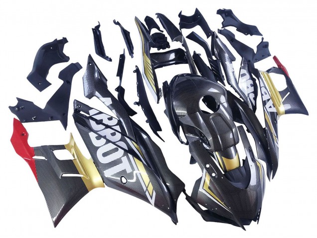 Preisgünstige Yamaha YZF R3/R25 Motorrad Verkleidung 2022-2024 - Schwarzer Carbonfaser Stil Goldrot ABBOT