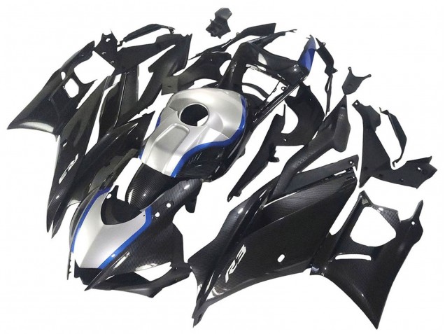Preisgünstige Yamaha YZF R3/R25 Motorrad Verkleidung 2022-2024 - Schwarzer Carbonfaser Stil Silberblau