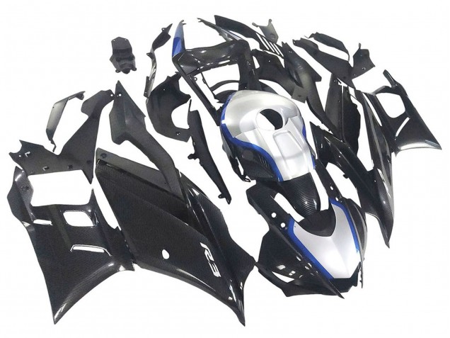 Preisgünstige Yamaha YZF R3/R25 Motorrad Verkleidung 2022-2024 - Schwarzer Carbonfaser Stil Silberblau