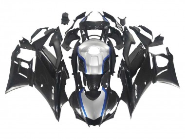 Preisgünstige Yamaha YZF R3/R25 Motorrad Verkleidung 2022-2024 - Schwarzer Carbonfaser Stil Silberblau