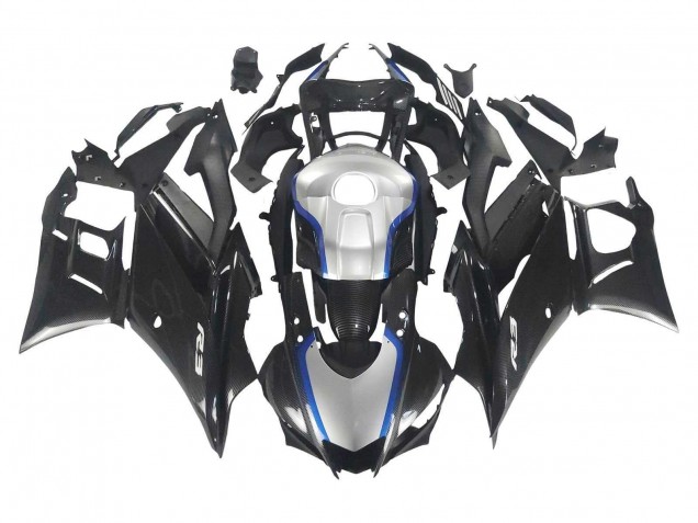 Preisgünstige Yamaha YZF R3/R25 Motorrad Verkleidung 2022-2024 - Schwarzer Carbonfaser Stil Silberblau