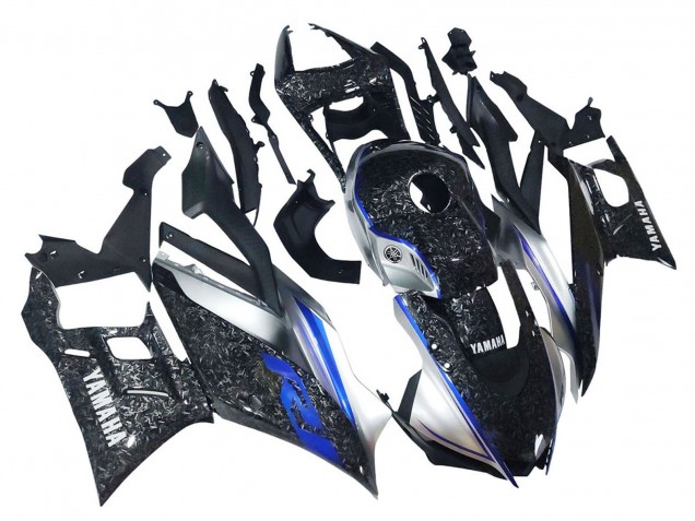 Preisgünstige Yamaha YZF R3/R25 Motorrad Verkleidung 2022-2024 - Marble Schwarz Silber Blau Geschmiedet Carbonfaser Stil