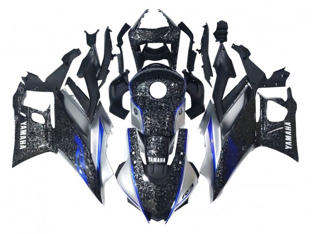 Preisgünstige Yamaha YZF R3/R25 Motorrad Verkleidung 2022-2024 - Marble Schwarz Silber Blau Geschmiedet Carbonfaser Stil