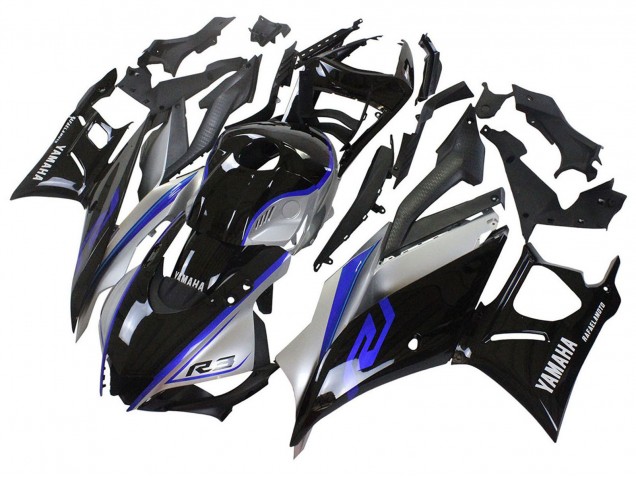 Preisgünstige Yamaha YZF R3/R25 Motorrad Verkleidung 2022-2024 - Silber Blau Glanzendes Schwarz