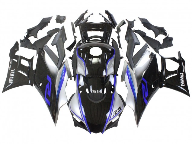 Preisgünstige Yamaha YZF R3/R25 Motorrad Verkleidung 2022-2024 - Silber Blau Glanzendes Schwarz