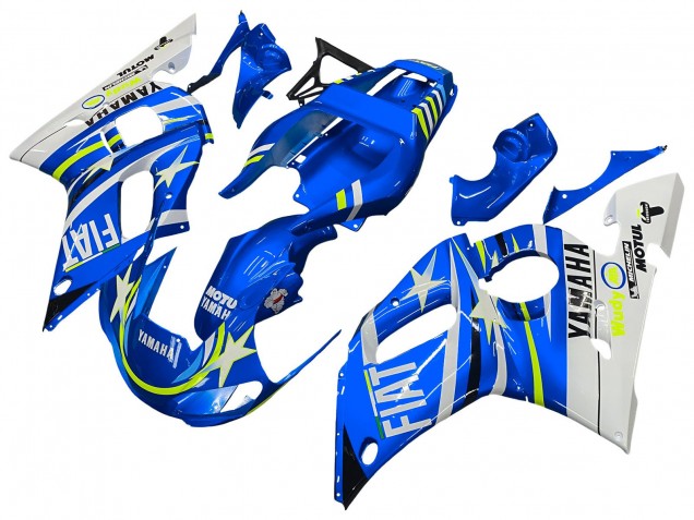 Preisgünstige Yamaha YZF 600 R6 Motorrad Verkleidung 1998-2002 - Weiss Blau Neon Gelb Fiat Motul Michelin