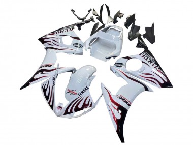 Preisgünstige Yamaha YZF R6S Motorrad Verkleidung 2006-2009 - Weiss mit Dunkel Schwarz Flamme