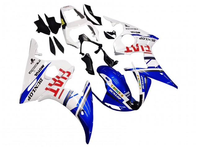Preisgünstige Yamaha YZF 600 R6 Motorrad Verkleidung 2005 - Weiss Blau Dunlop Fiat Motul